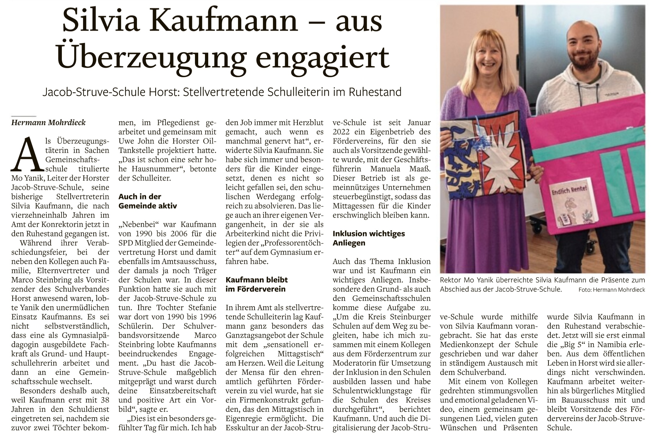 Zeitungsartikel zu Silvia Kaufmanns Ruhestand